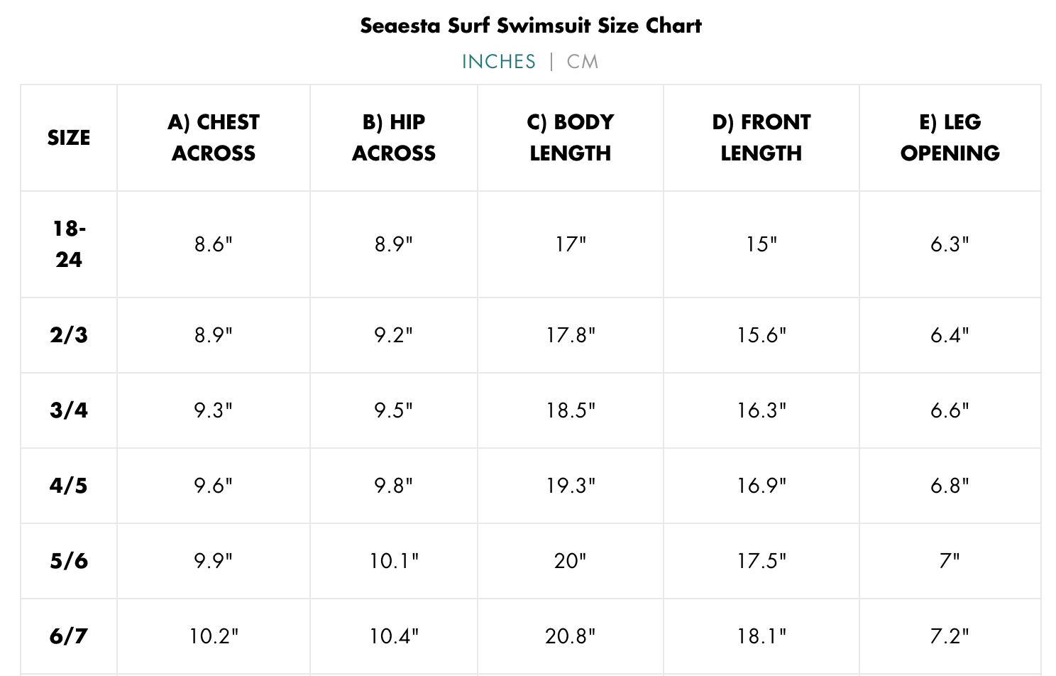 Seaesta Swimsuit Size Chart