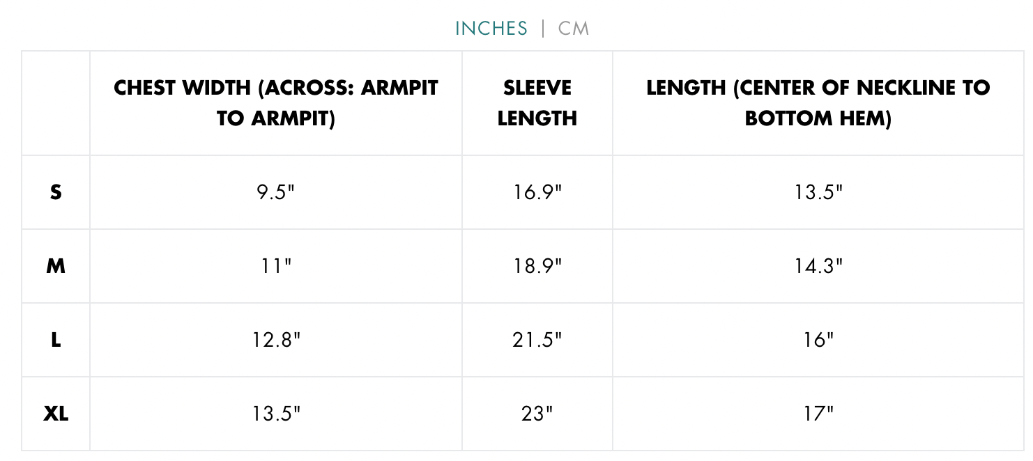 Seaesta Rashguard Size Chart