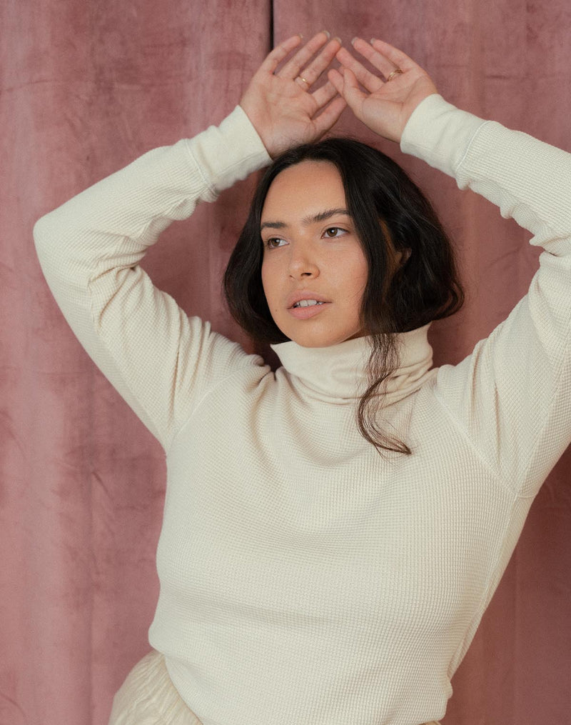 Noble Adult Organic Waffle Turtleneck in Oat Milk