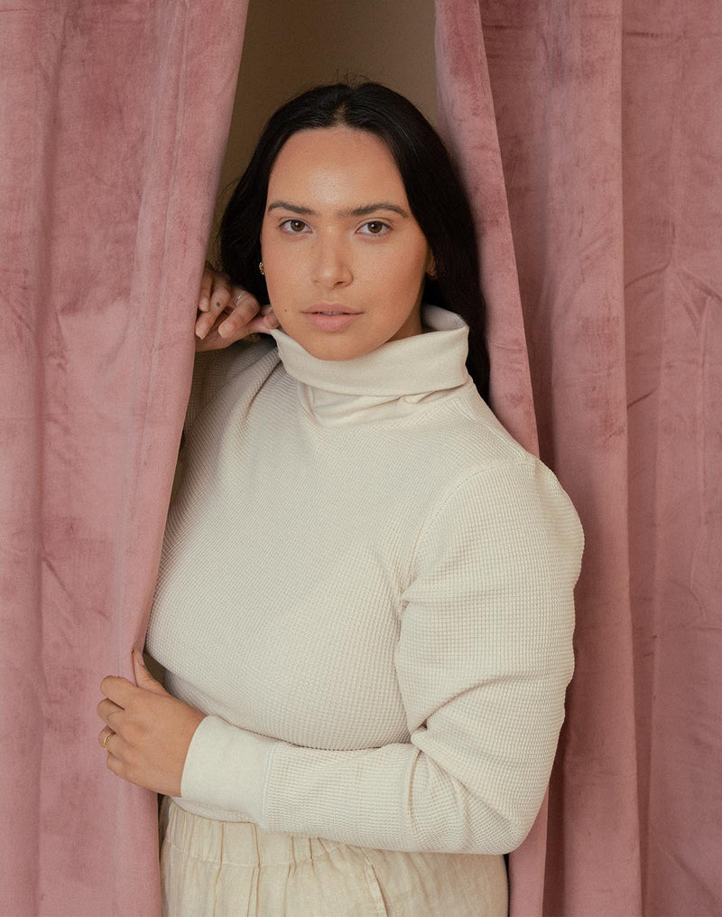 Noble Adult Organic Waffle Turtleneck in Oat Milk