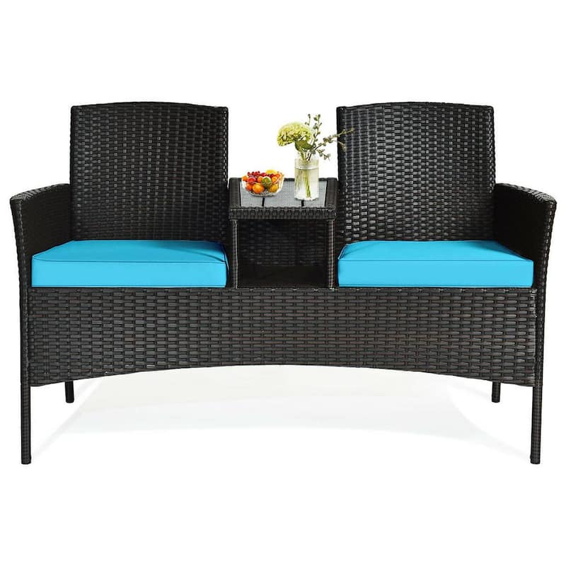 1-Piece Rattan Patio Conversation Set with Built-In Coffee Table and Turquoise Cushions