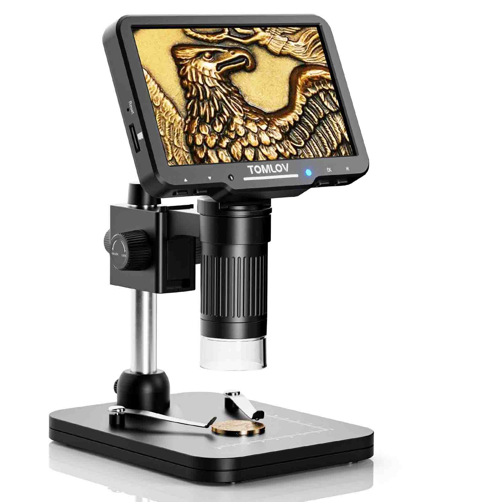 TOMLOV DM04 9'' Coin Microscope 1300X, 16MP 1080P LCD Digital Microscope  with 10'' Long Stand, Rechargeable Light & Touch Button 