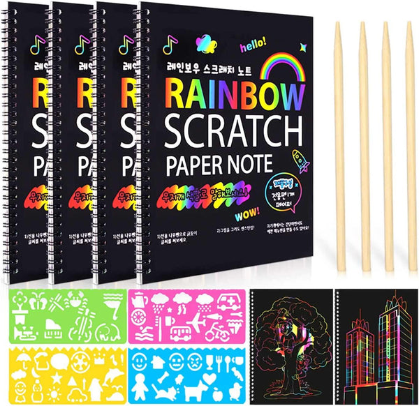 Scratch Art 50 Sheets + 5 Wooden Stylus + 4 Stencils + Pencil Sharpener  Browill Arts and Crafts Supplies for Kids, DIY Projects, Black Paper Magic  Rainbow Painting Boards 13 X 19 cm
