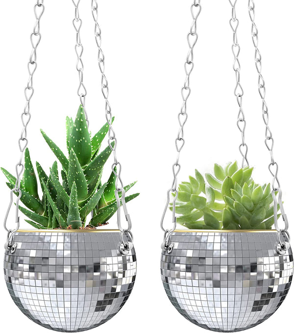 Disco Ball Planter, 2pcs 6 Silver Disco Ball Planter, Disco Ball Plant  Hanger with Hanging Rope, Hanging Chain, Hook, Circle and Extra Mirror  Pieces