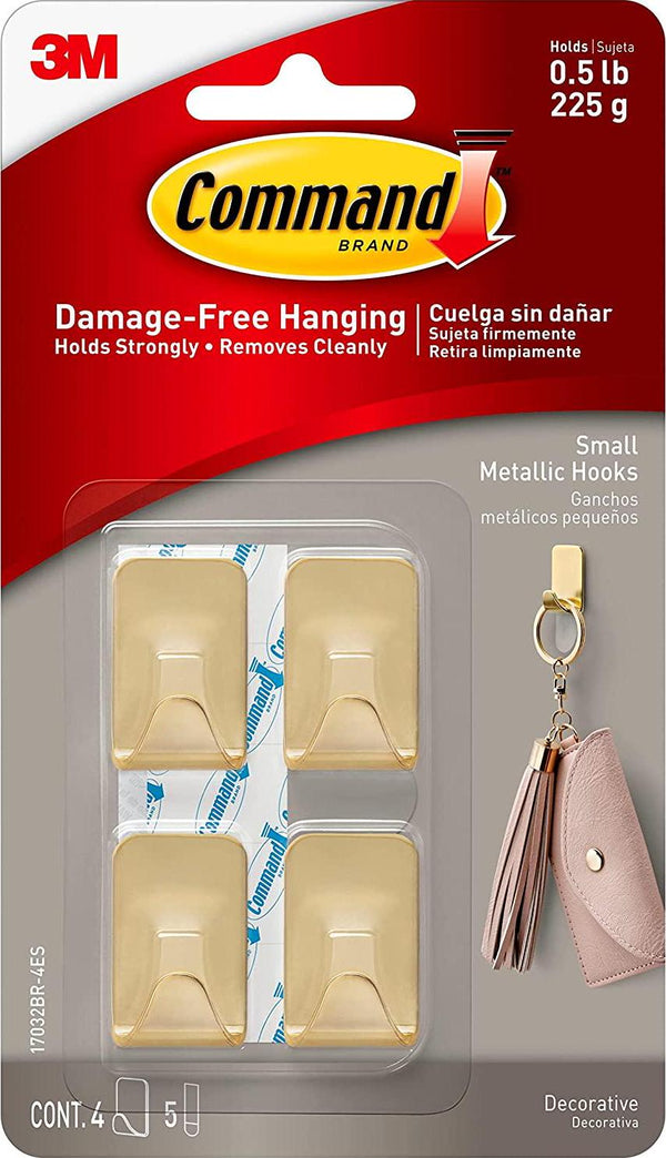 Command Small Metallic Hooks, Brass Color, 4-Hooks, 5-Strips, Decorate