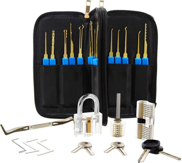 27 Pcs Lock Picking Kit with Transparent Practice Lock Tool - Professi