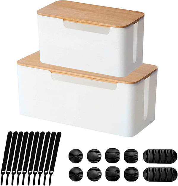 Nature Supplies | Wood Cable Management Box White [Set of Two] Large & Medium Cord Organizer Box Set to Hide Wires & Power Strips | Cable Storage