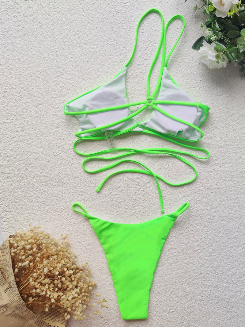 One Shoulder Womens Green Bikini Swimsuits Back View