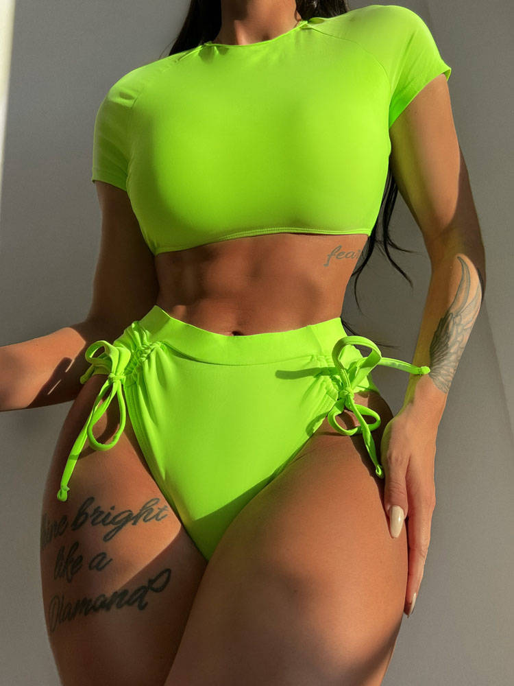 Women Wears Backless Neon Green Bikini