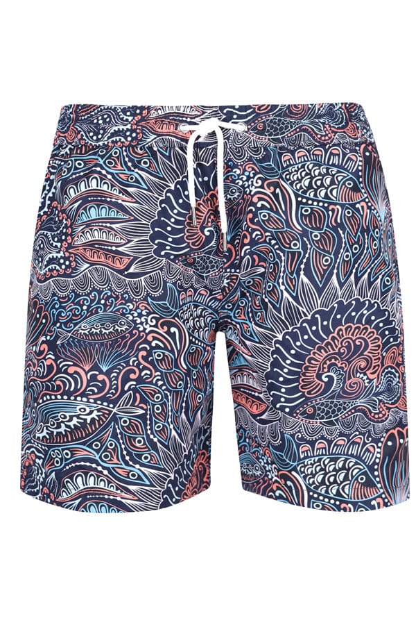 2023 Andrew & Cole Men's Designer Blue Pink Palm Leaf Swim Trunks