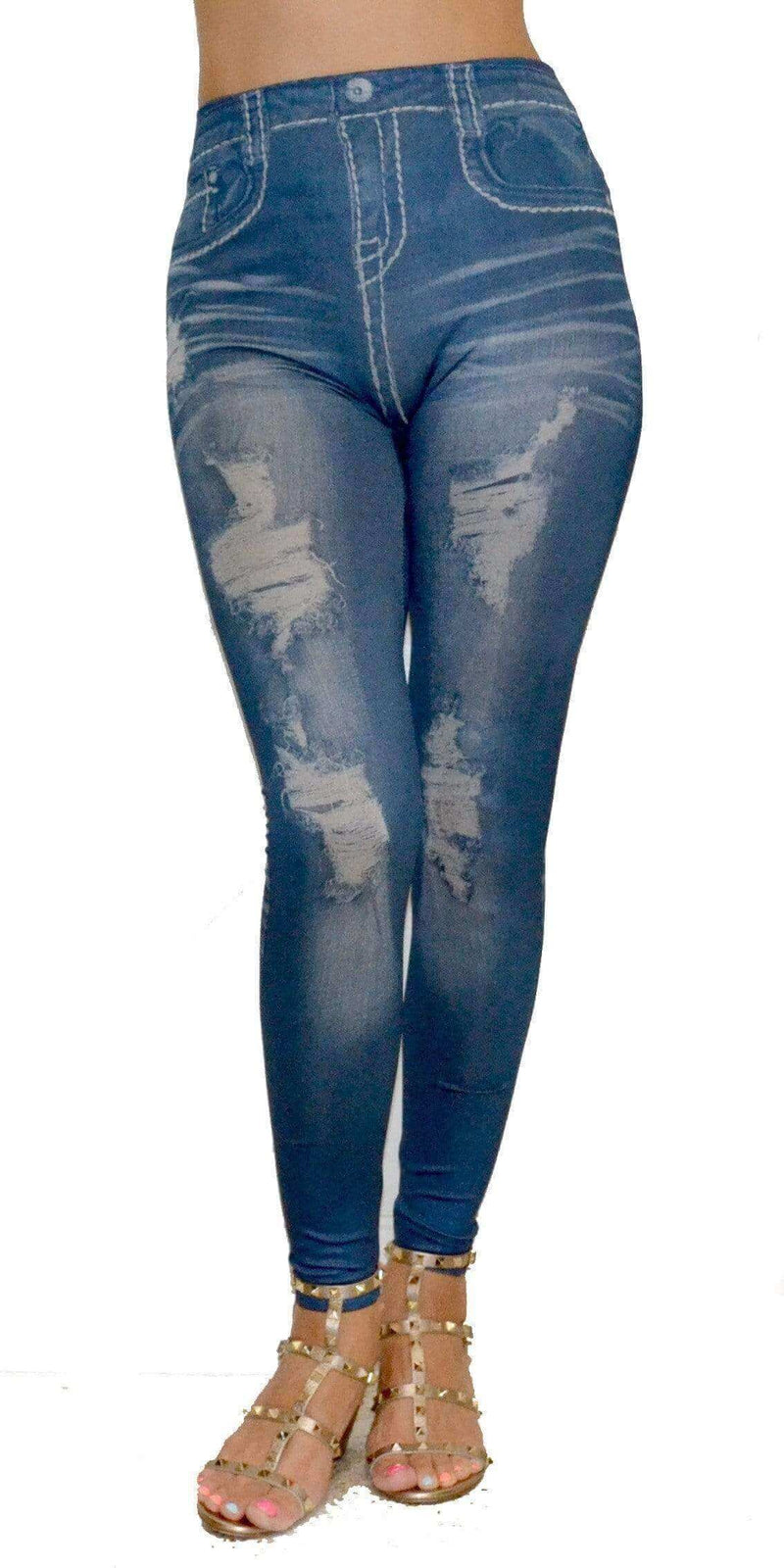 Worn Shredded-Look Blue Denim Print Leggings - SoHot Swimwear