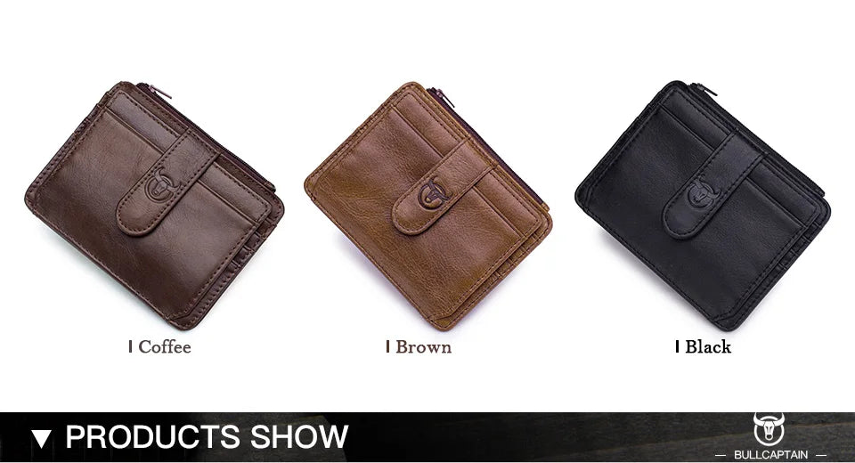 BULLCAPTAIN Genuine Leather RFID Blocking Zipper Card Holder Credit Cart Wallet Mini Slim Wallet Card & Id Holders Man Business