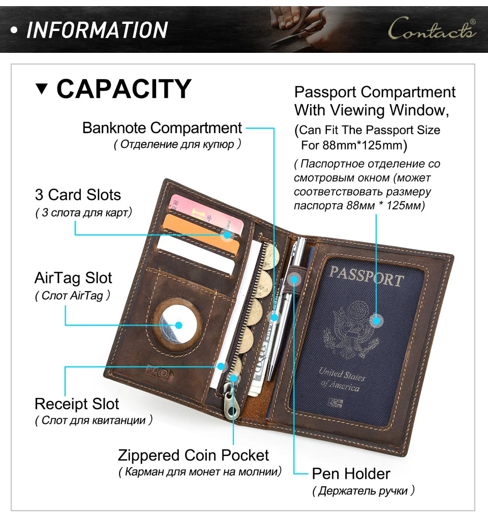 Genuine Cow Leather Passport Holder Travel Wallet with Airtag Case Anti-lost Pocket Pen Card Holder RFID Blocking Passport Cover