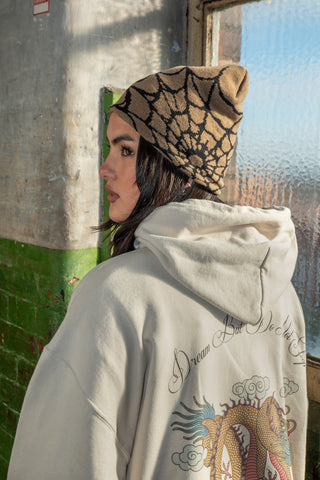 Streetwear hoodie in sand with printed dragon design