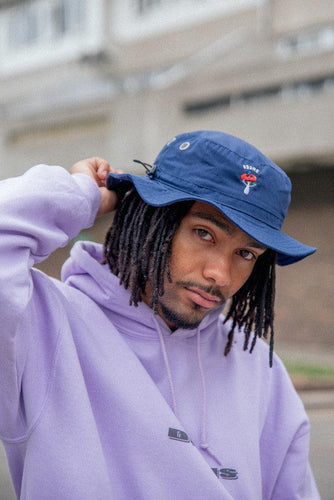 Bucket Hat In Navy With Embroidered Bro Shroom