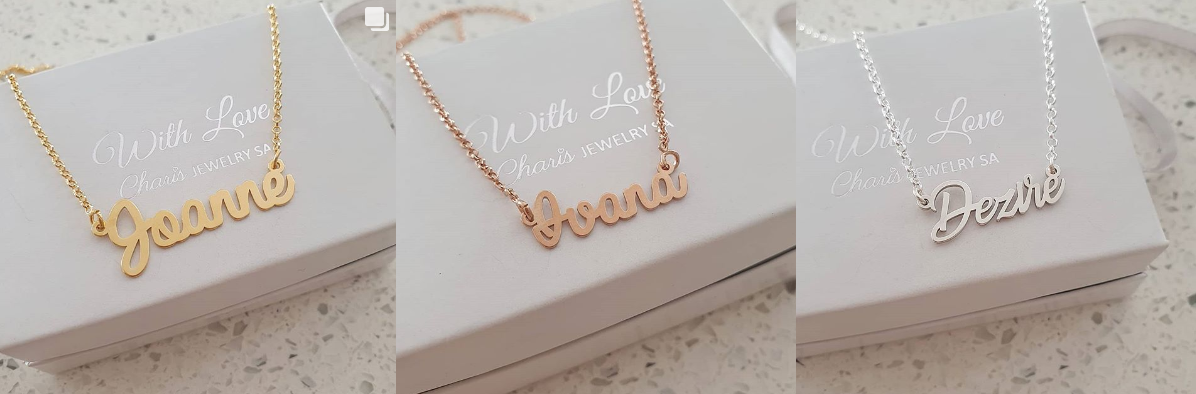Personalized name necklaces online store Charis Jewelry SA 