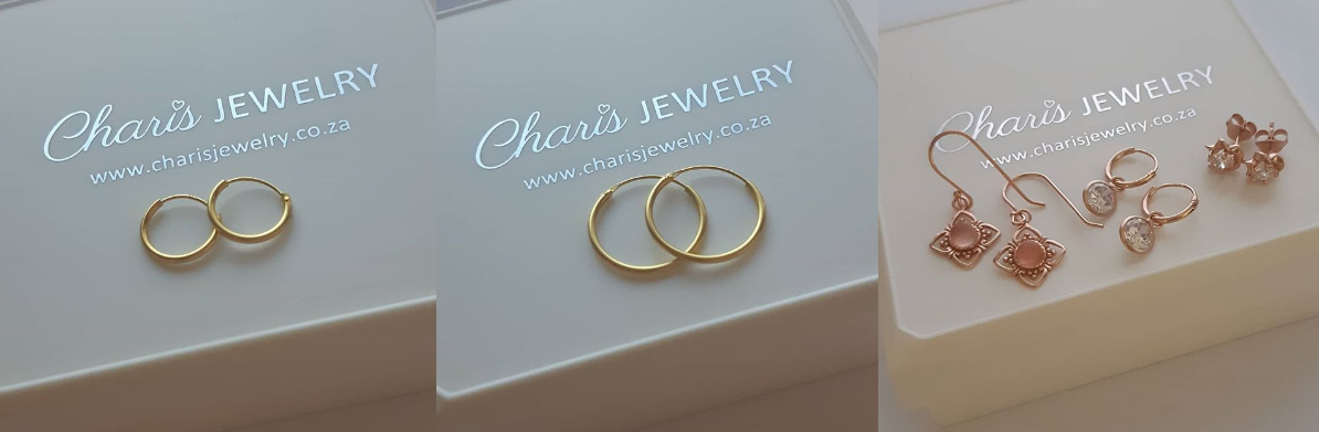 Charis Jewelry SA online jewelry store, silver gold and rose gold earrings