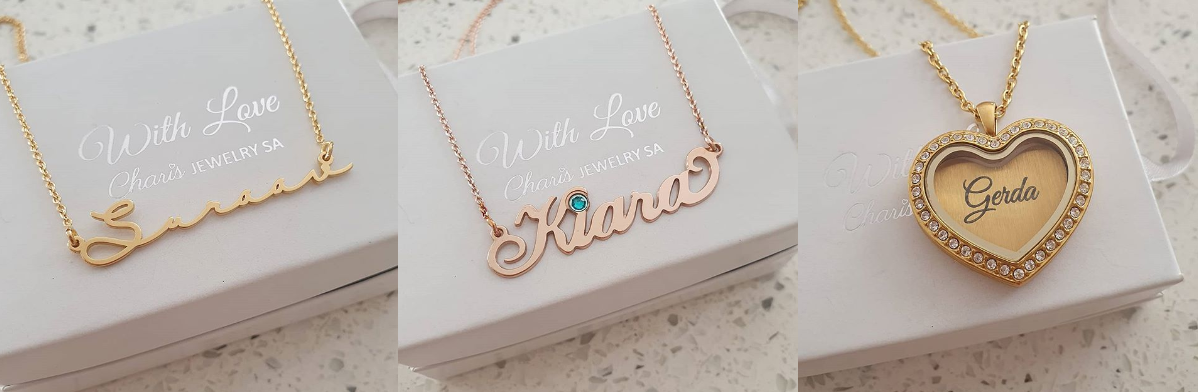 Personalized name necklaces and floating lockets online shop Charis Jewelry SA