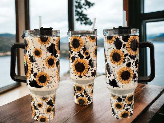 40oz Stanley Style Thirst Quencher Tumblers -Cow in Tub sunflowers