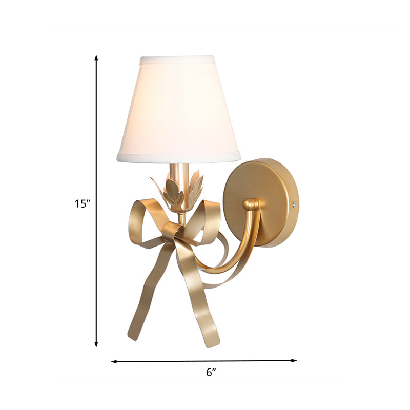 Gold Swag Sconce Lighting Contemporary 1 Bulb Metal Wall Mounted Lamp with Ribbon Decor and Fabric Lampshade