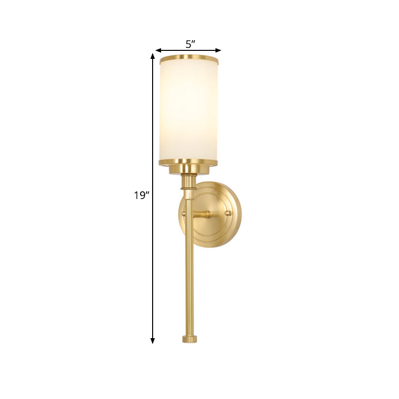 Brass Finish 1/2-Bulb Wall Lamp Modernism Style Frosted Glass Cylinder Wall Mount Light with Pencil Arm