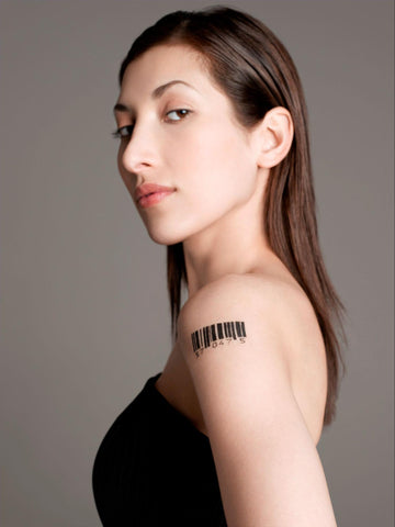 woman wearing a barcode tattoo