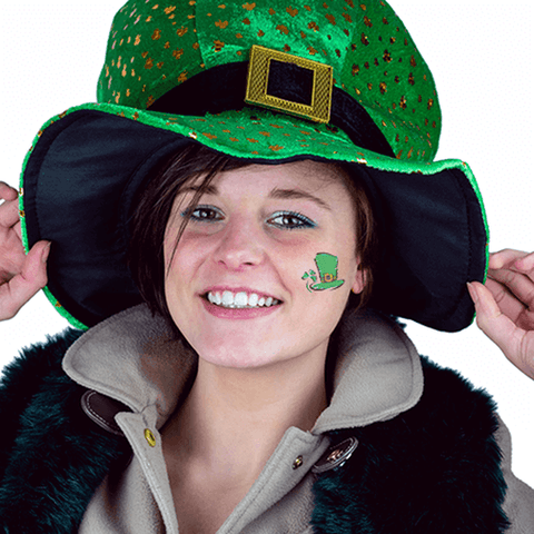 woman wearing leprechaun hat temporary tattoo