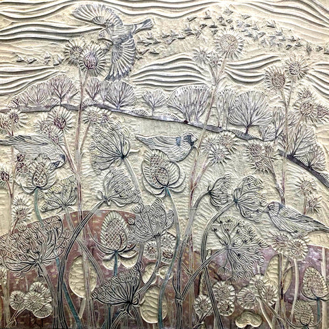 carved lino layer for Field of Gold Murmuration lino print
