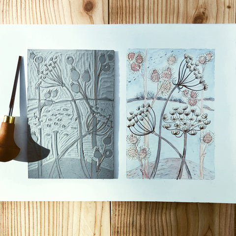 carved lino and watercolour drawing