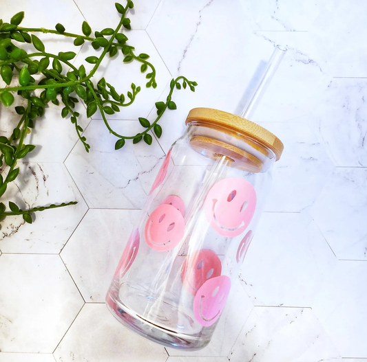 Happy Face Beer Glass Can,iced Coffee Glass Cup, Aesthetic Glass Beer Can,  Aesthetic Beer Can Glass Preppy Glass Cup 