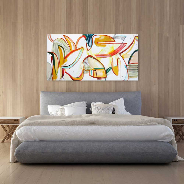 Statement abstract art piece hanging above a bed in modern bedroom