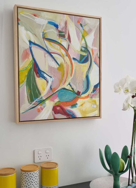 Joyful expressive abstract art complementing a modern kitchen