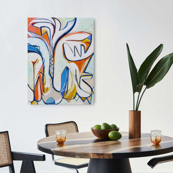 Gestural painting with a botanical feel in a mid century dining room