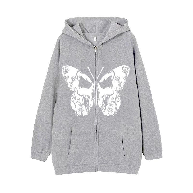 Casual Cardigan Dark Butterfly Print Zip Sweatshirt