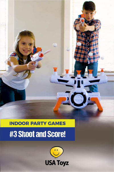 Kids indoor party games for teams or individuals. Check out Astroshot Zero G shooting target that comes with foam-dart blaster gun. Orbs float in mid-air and kids get to shoot them down. So much fun for a kids birthday party, sleepover game or indoor activity.