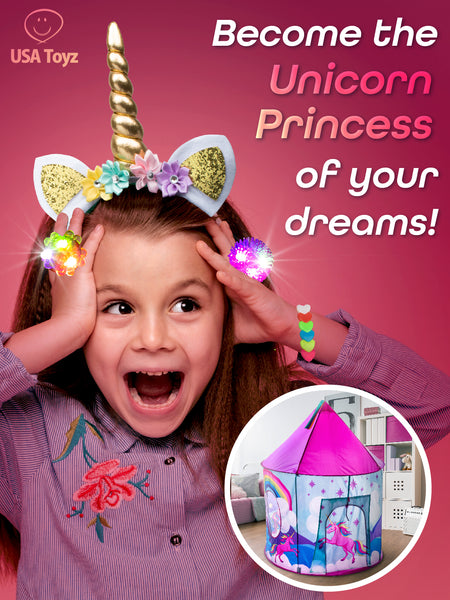 Get the gang together to experience a world of fantasy adventure with the USA Toyz Misty Mountain Unicorn Tent, glitter unicorn headbands, LED jelly rings and fun toys and games for everyone! Vibrant colors and an exclusive design will sweep kids away to the realm of unicorns!