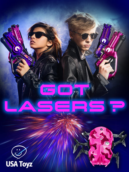 Laser your way into the future. Take play pretend space agent to the next level with these safe Laser tag 2 pack blasters. Share it with a friend and have a showdown target practice with the spider bots.