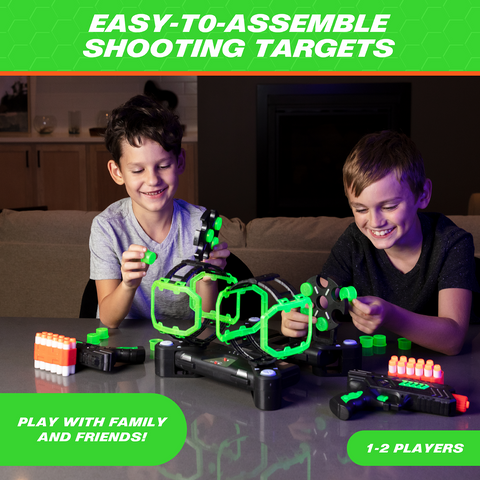 COMPLETE SHOOTING TARGET GAME SET: The AstroShot Gyro Glow-in-the-dark multiplayer target shooting game includes 2 foam dart guns, 2 rotating obstacles, 14 gun targets, 24 foam darts and 2 dart holders