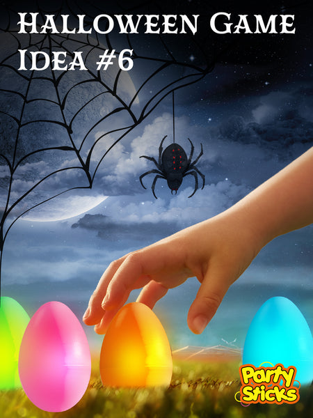 Haunted Halloween game ideas for kids party and adult Halloween parties; challenge trick-or-treaters to find a hidden glow egg in the yard