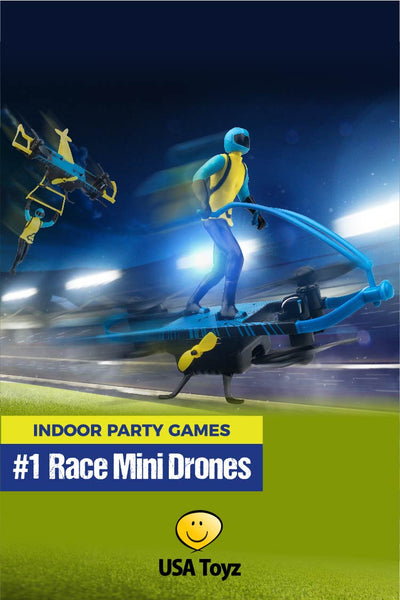 Kids indoor games for a kids party, sleepover or sibling fun. Race indoor mini drones. Create drone obstacle courses using glow sticks!