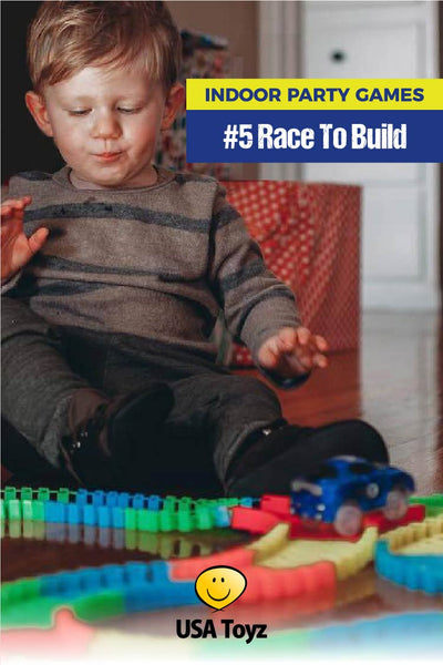 Mom Hack -fun indoor game idea - take race track set and split pieces evenly and let kids race to build their own custom track. Then see whose car goes fastest. Snap 'n Glow Race tracks from USA Toyz is a 360 piece set that comes with 2 LED cars. Everything you need for this indoor kids party game and toy set!