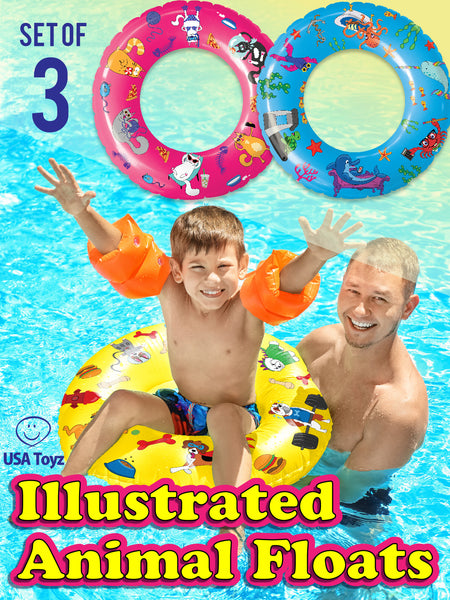 KID-FRIENDLY CUSTOM POOL FLOAT 3-PACK: These inflatable pool toys feature one of a kind designs: dogs, cats, fish