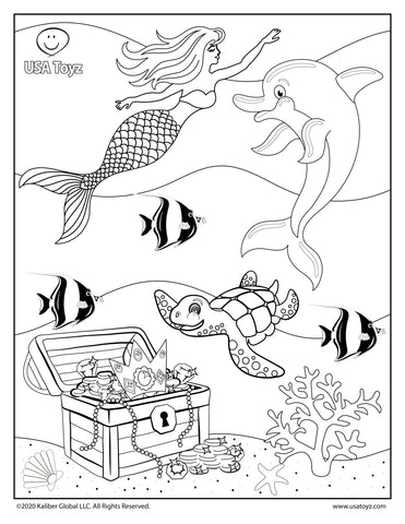 FREE printable coloring pages from USA Toyz. Download the mermaid under the sea coloring book page with a magical ocean scene for kids to color over and over.