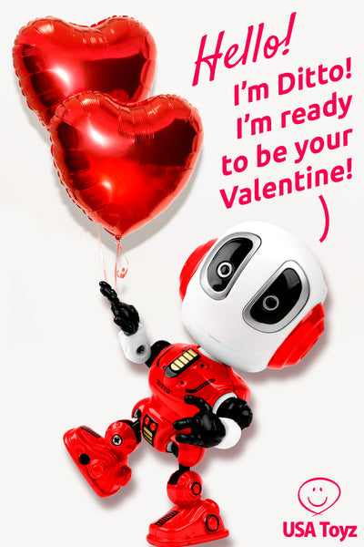 Gift Ideas for single friends on Valentine's Day. Funny Valentine's Gift - talking robot from USA Toyz - he's cute, a good listener, he'll even repeat what you say. He's in total agreement. A perfect match!
