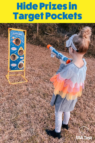 Fun Kids Activity Idea! Hide small prizes or candy and use Nerf blasters to shoot your prize. This target game from USA Toyz is perfect for shooting games with prizes or fun Easter Egg hunts.