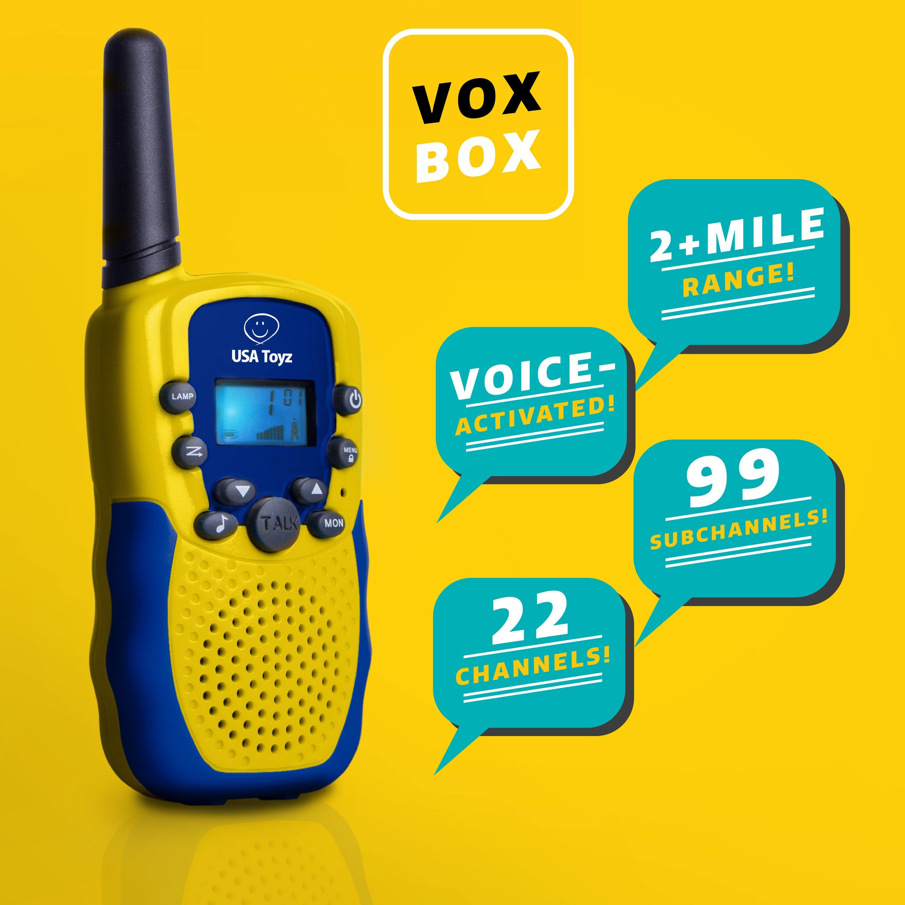 Vox Box Walkie Talkies 2 Mile Range Voice Activated 22 Channels Blue & Yellow 