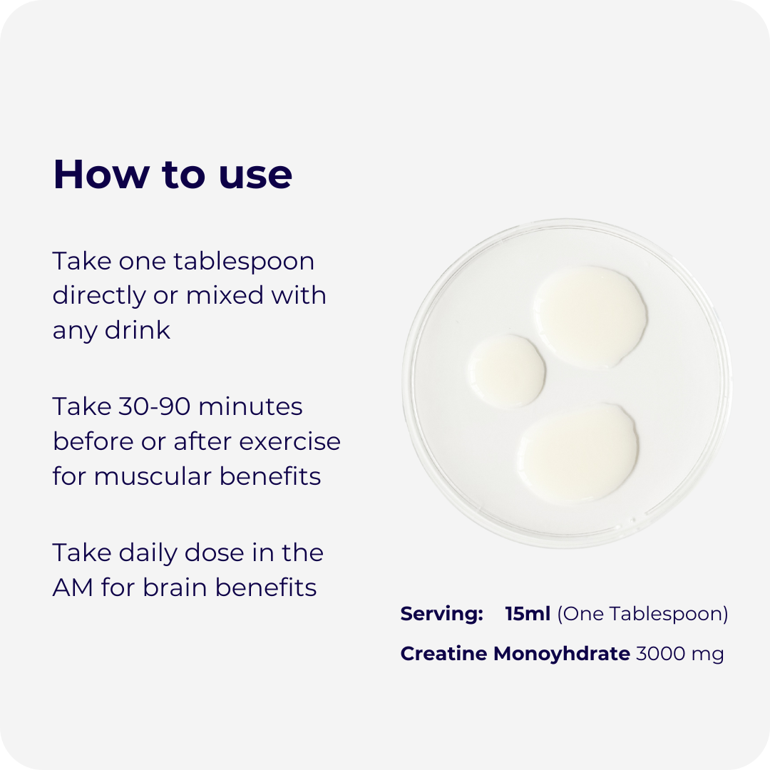 Instructions for creatine monohydrate supplement usage, with dosage and benefits for muscles and brain.