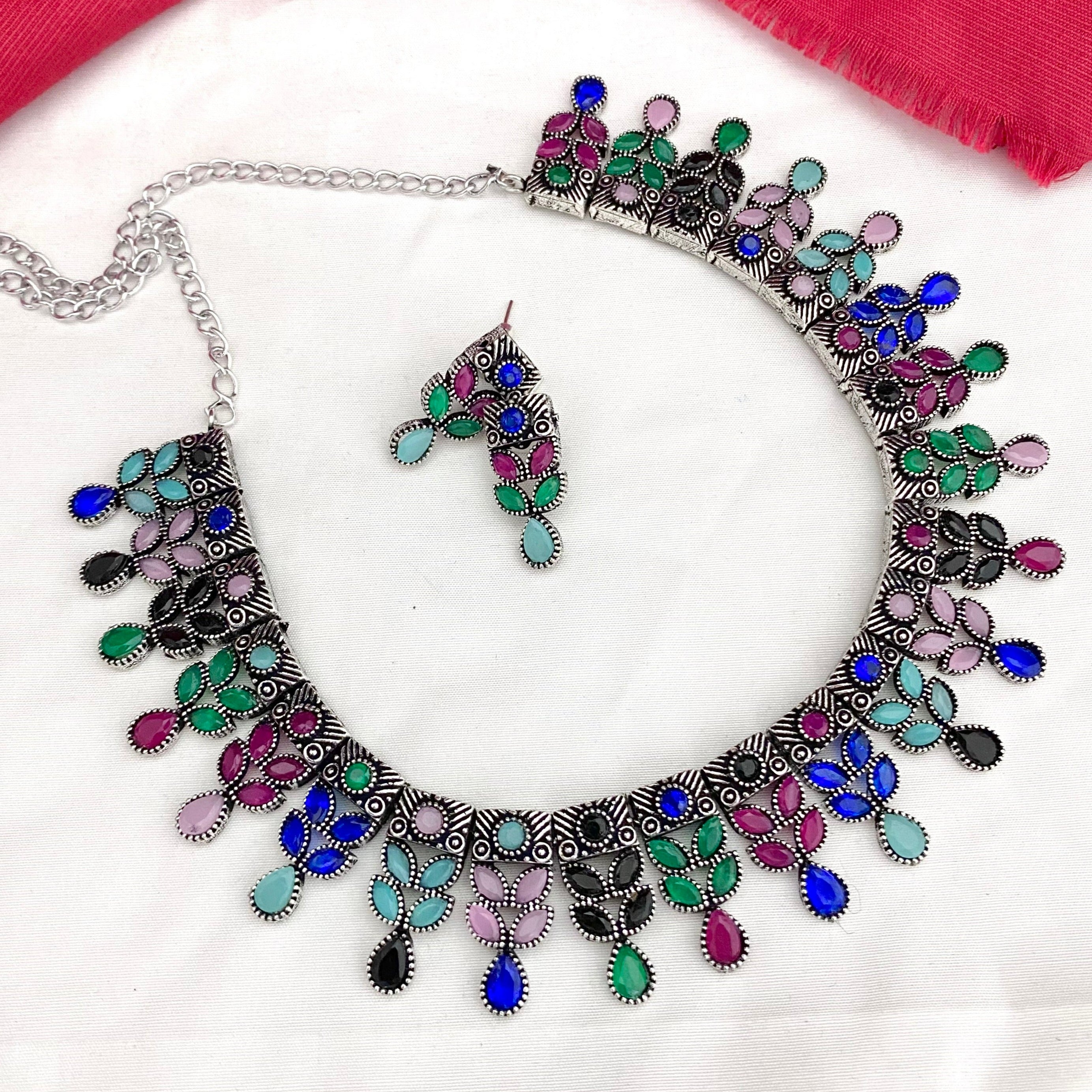 Designer oxidized silver multi layer synthetic Blue color stone necklace  with earrings for women and girls