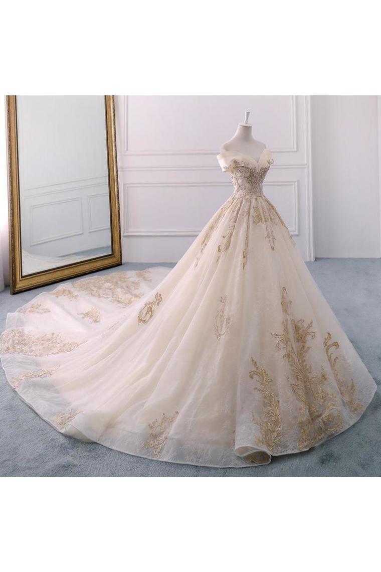 Robe de bal Tulle Robes de mariée sur l'épaule Appliques Perles Train chapelle