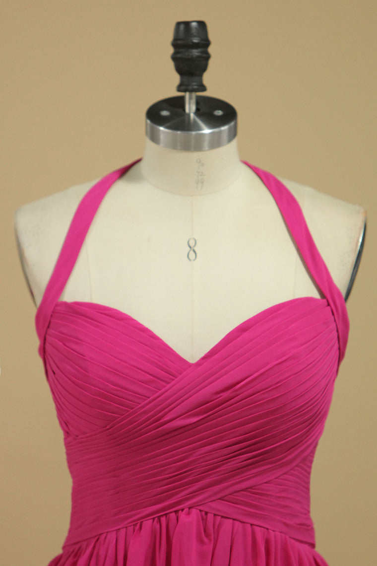 2024 mousseline demoiselle d'honneur A-ligne Halter Avec Ruffles-parole longueur
